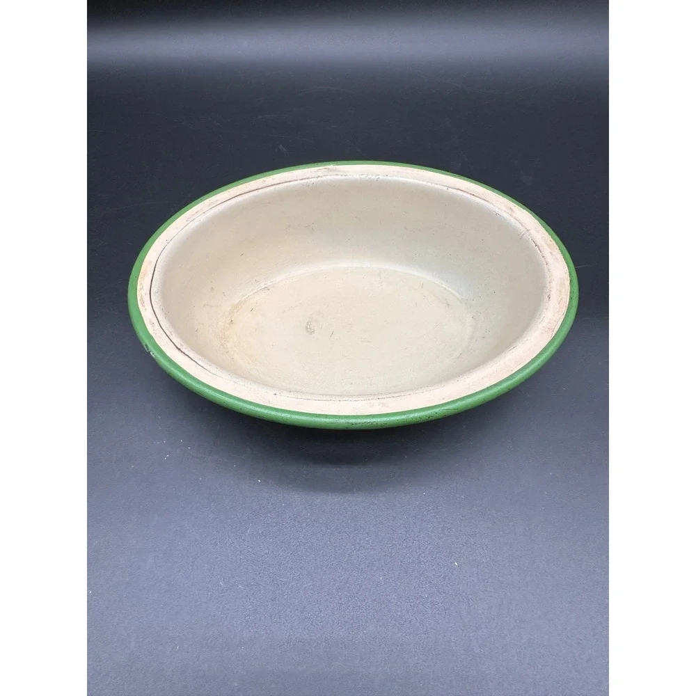 Vintage Enamelware Oval Basin Bowl Green Trim Cream Farmhouse Decor Kitchenware